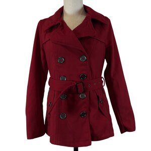 Rue 21 Womens Red Pea Coat Double Breasted Long Sleeve Belted Zip Pockets Size M